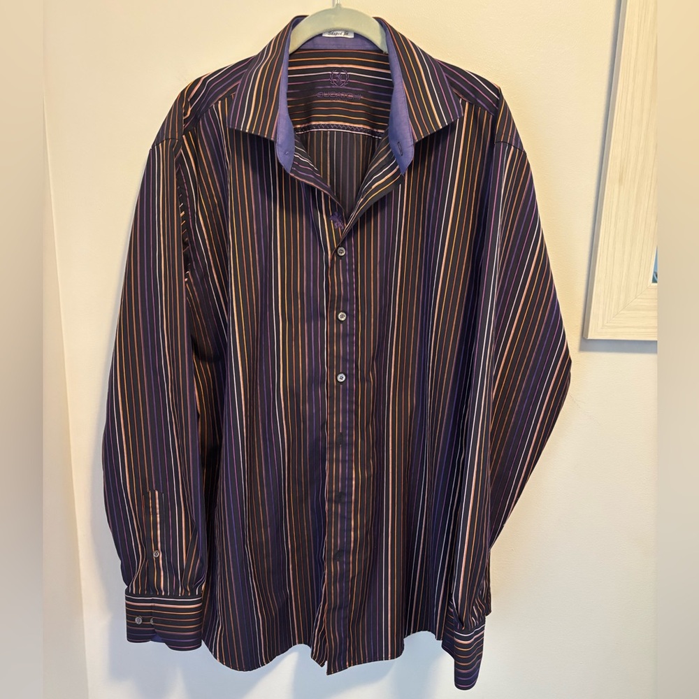 Bugatchi Uomo Mens XL Long Sleeve Shirt 100% Cotton Purple Multi-Color Striped